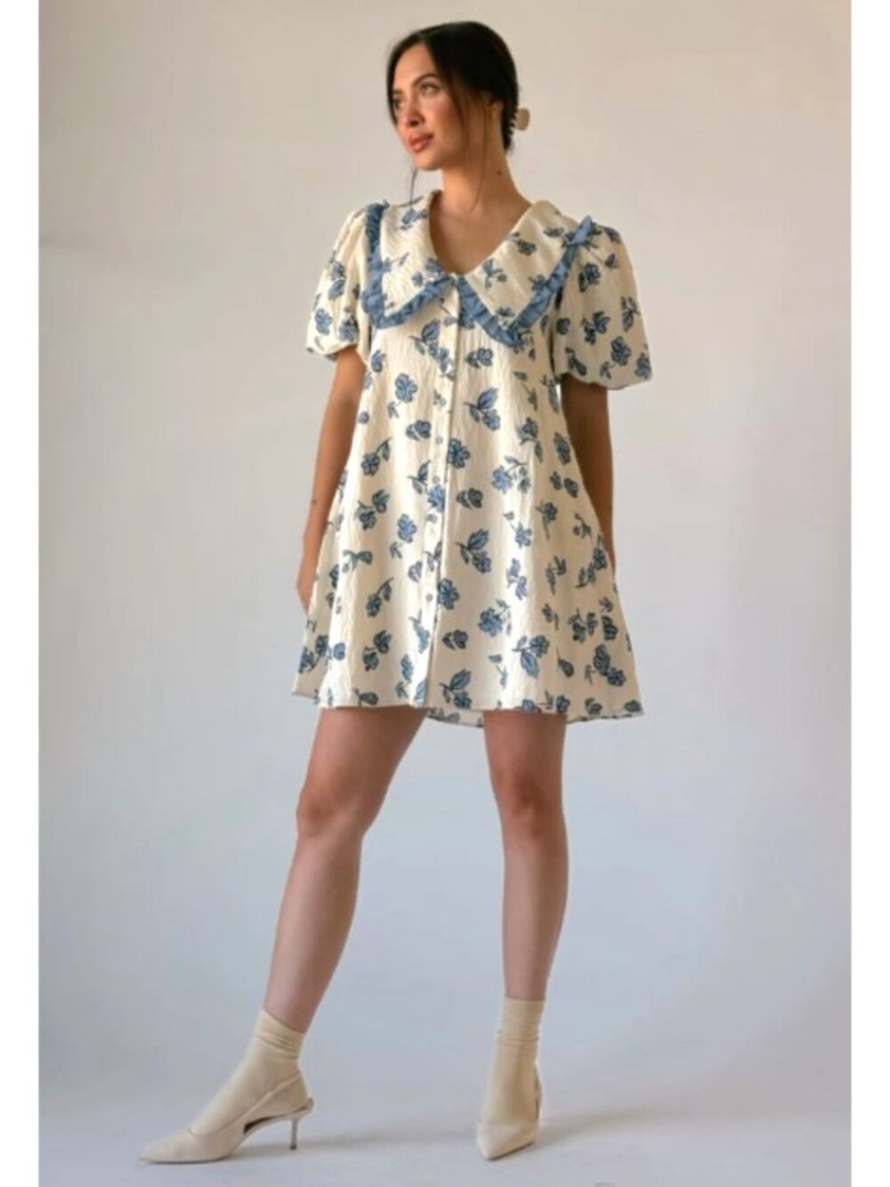 Poppy Collared Mini Dress Blue floral Print Size Small Ruffled Peter Pan Collar - Picture 6 of 14